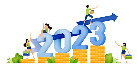 Illustration of people celebrating the new year 2022 to 2023 with the hope of achieving goals of investment. Designed for website, landing page, flyer, banner, apps, brochure, startup media company