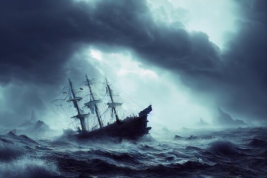 The picture shows a ship sailing in a storm. 3D rendering