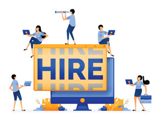 Illustration of software that appears from monitor and says hire. Open technology vacancies for job seekers. Designed for website, landing page, flyer, banner, apps, brochure, startup media company
