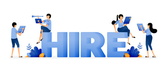 Illustration of hr people looking for the best employee candidates in career, hire 3d words. Designed for website, landing page, flyer, banner, apps, brochure, startup media company
