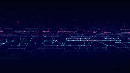 Dynamic blue wave of particles. Abstract futuristic background. Big data visualization. 3D rendering.