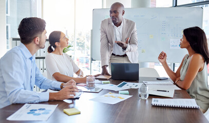 Businessman leadership speaking to employee for coaching, mentorship and economy planning in...
