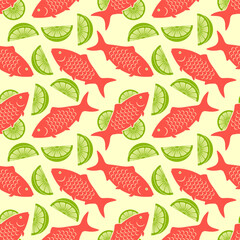 Fish and Lime slices seamless pattern. Vector illustration
