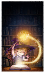 Ilustración de una niña bruja lanzando un hechizo con un libro mágico © cirodelia