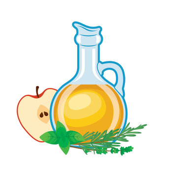 Herbal vinegar with rosemary icon vector. Glass bottle of vinegar with herbs and apple icon vector isolated on a white background. Herbal apple cider vinegar drawing