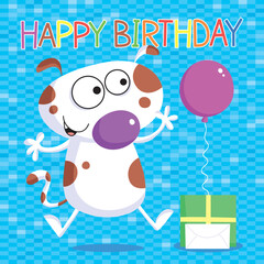 Happy birthday cartoon vector illustration with a funny jumping happy dog with a gift and balloon 