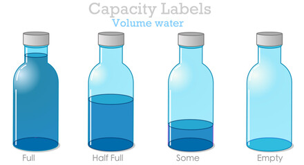 Capacity labels, volume water. Full, half full, empty, some, nearly blue liquid, water in shiny glass bottle. Liquid fraction stages, steps set. Transparency cruet, caps. Illustration vector