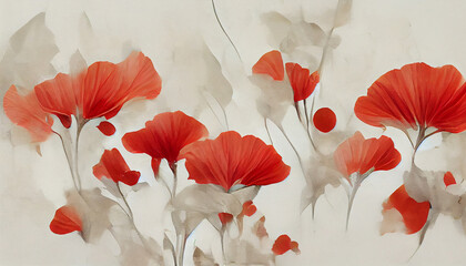 Digital art of minimalistic poppies with shadows and light.