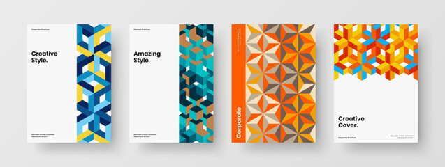 Premium corporate brochure A4 vector design illustration bundle. Minimalistic geometric tiles handbill layout collection.