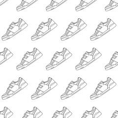 Trendy pattern with fashion classic hand drawn sneakers shoes on a white background, side view. The concept of minimalism, beauty and fashion. Vector outline doodle illustration.