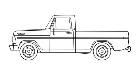 Pick-up truck, vintage style. Outline vector doodle illustration