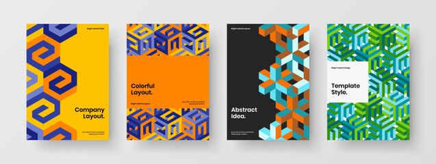 Fresh company brochure A4 vector design template bundle. Unique geometric shapes pamphlet illustration collection.