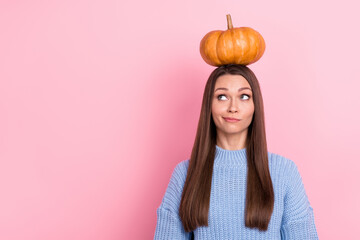 Photo of think millennial brown hairdo lady hold pumpkin on head look promo wear blue pullover...