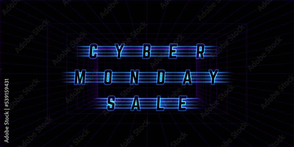 Aufkleber cyber monday design with neon light frame. neon text on dark background with glowing grid. vector ad