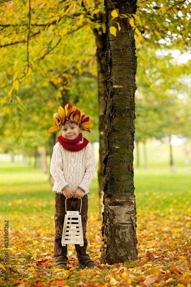 Poster Adorable little child, blond boy with crown from leaves in park on autumn day.