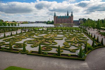 Aerial view of the beautiful gardens of Frederiksborg castle in Hilerod, Denmark