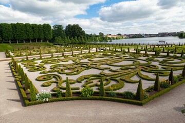 Aerial view of the beautiful gardens of Frederiksborg castle in Hilerod, Denmark