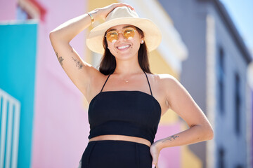 Happy woman on holiday, spring portrait city adventure and weekend lifestyle in Los Angeles. Summer...