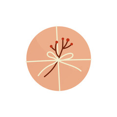 Christmas gift in kraft paper with round shape. Cute present box in craft wrapping flat vector illustration isolated on white background.