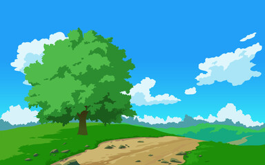 Vector landscape with tree and road, sky and clouds. Anime cartoon style. Background design