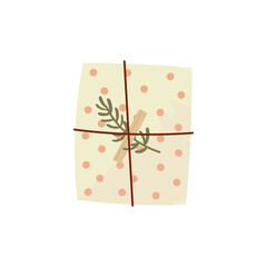 Christmas gift in kraft paper with circle pattern. Cute present box in craft wrapping flat vector illustration isolated on white background. Top view.