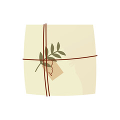 Christmas gift in kraft paper with cute decoration. Present box in craft wrapping flat vector illustration isolated on white background.