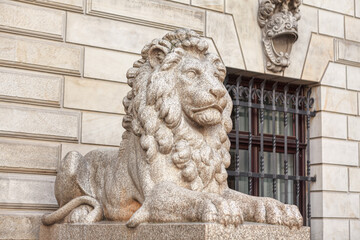 Stone lion sculpture . Monument of lion near Rathaus in Hamburg Germany 
