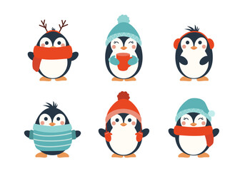Winter set of penguins. Christmas character. Winter 2023