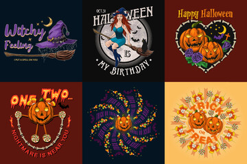 Fototapeta na wymiar Set of halloween vintage emblems with beautiful witch, candy, bones, full moon, broomstick, text pumpkins like human characters such as happy kids. Bright colorful creative illustrations