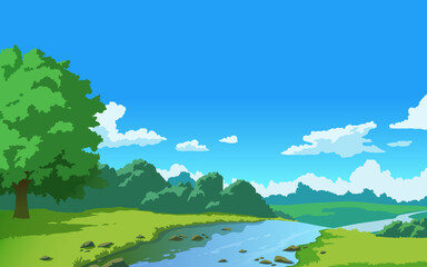 Vector landscape with hills and road, sky and clouds. Anime cartoon style. Background design