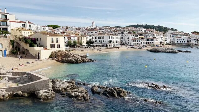 Summer scene of bay town of Calella De Palafrugell in Spain. Beautiful white city. 4K UHD