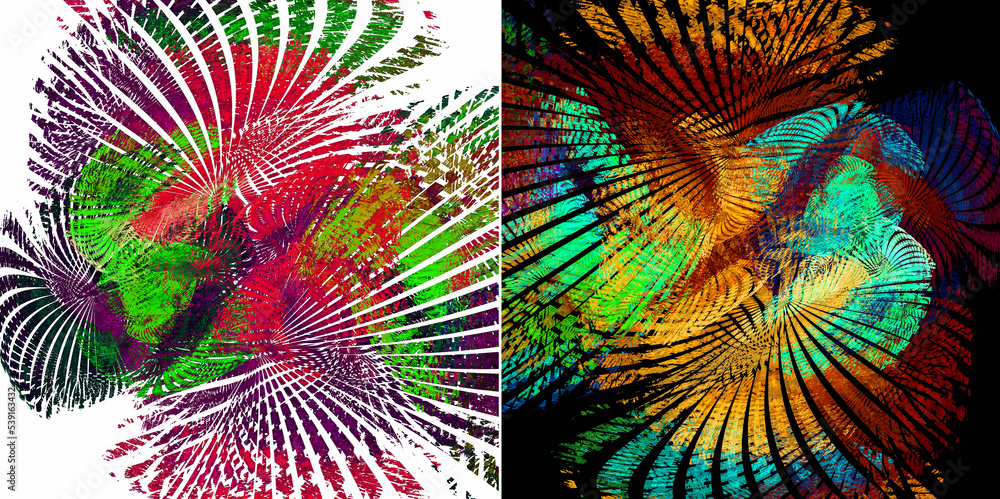Poster colorful patterned rays diverge on white and black backgrounds. set of abstract fractal backgrounds.