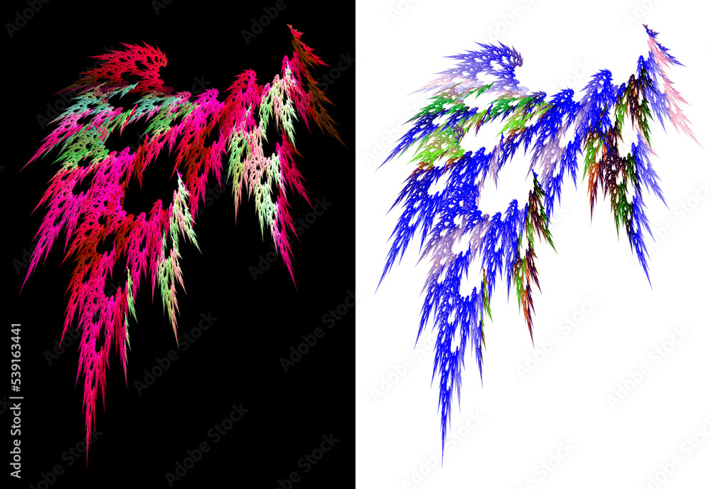 Poster lacy colorful leaves curve on white and black backgrounds. graphic design elements. 3d rendering. 3d