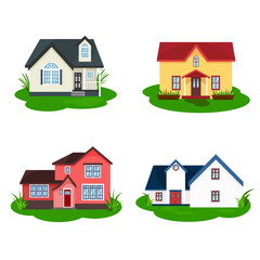 Set of houses in classic and modern style with green grass