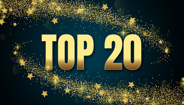 top 20 in shiny golden color, stars design element and on dark background.
