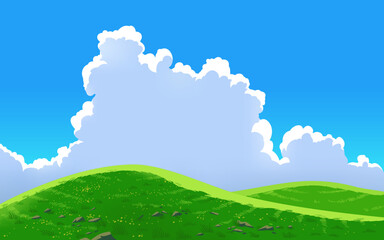 Vector landscape sky hills clouds. Anime cartoon style. Background design