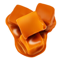 Caramel candies and flowing  caramel sauce isolated on a white background. Pieces of toffee candies...