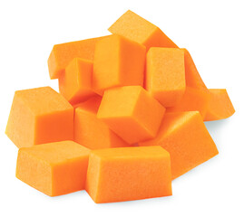 Butternut squash slices isolated on white background. Pumpkin pieces cutted in a cubes close up..