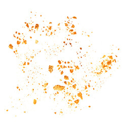 Bread crumbs macro isolated on white background. Splash of crumbs Top view. Flat lay..