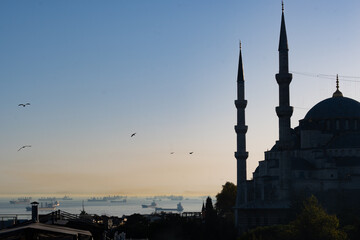 Ayia Sofia in beautiful summer evening with ships on the horizon and seagulls