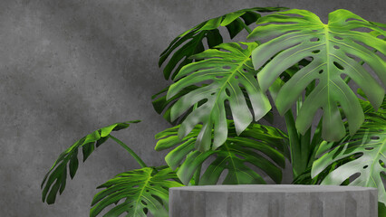 Concrete texture podium in landscape with monstera deliciosa plant 3d image render template mockup
