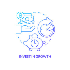 Invest in growth blue gradient concept icon. Corporate opportunities. Managing small business finances tip abstract idea thin line illustration. Isolated outline drawing. Myriad Pro-Bold font used