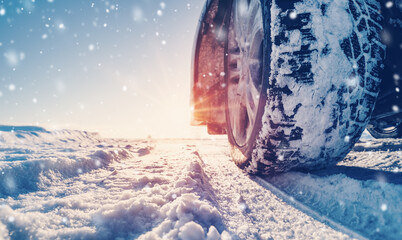 Closeup view of the car's wheel on the snowy road in natural park
