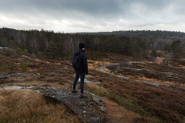 Fototapeta premium A lone hiker with a backpack stands on a rocky outcrop, overlooking a vast, moody landscape of autumn forests and winding trails under a cloudy sky in a scenic Scandinavian wilderness setting.