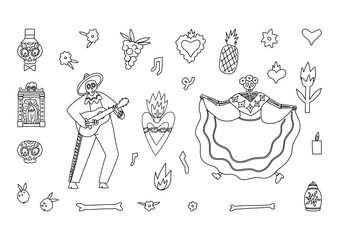 Dia De Los Muertos or Day of the Dead doodle clipart. Dancing Catrina Calavera, skeleton, sacred hearts, sugar skulls