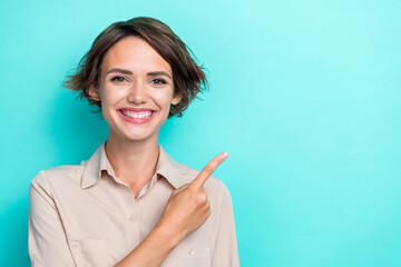 Closeup portrait photo woman office worker toothy beaming smile recommend new whitening clinic...