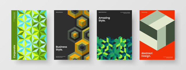 Multicolored geometric hexagons leaflet illustration composition. Premium placard vector design template collection.