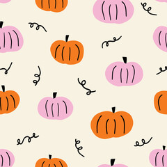 Cute hand drawn pumpkin vector border. Horizontal seamless doodle pattern cute pumpkins orange pink - use as Thanksgiving background, textiles, banners, footer, header, divider. Vector illustration