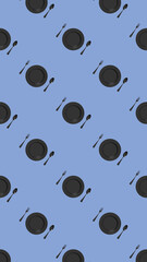 pattern. kitchen utensils on a pastel blue background. fork, spoon, plate. Template for surface application. Flat lay. Vertical image. 3D image. 3D rendering.