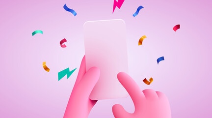Cute 3D cartoon hand holding mobile smart phone with celebratory confetti flying around. Winner concept. Modern mockup.